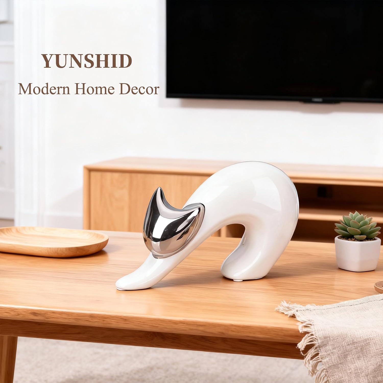 YUNSHID Abstract Small Yoga Cat Statue for Modern Home Decor, White and Silver, Minimalist Cat Figurine for Table, Shelf, Desk, Entryway, Mantle Decor, Perfect for Animal & Pet Lovers, 4.75" in