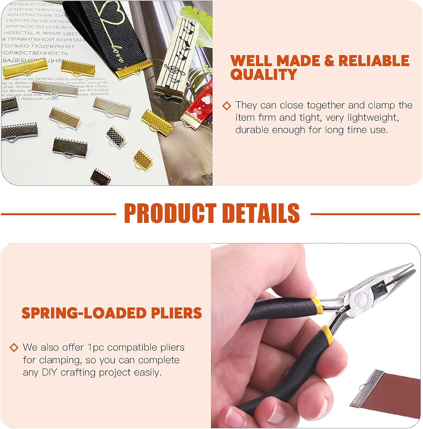 Tanstic 701Pcs Ribbon Ends with Pliers Set 5 Size 5 Color Ribbon Clamps Bookmark Pinch Crimp Cord Ends Fasteners Clasp Leather Crimp Ends Leather Ribbon Crimp Ends for Jewelry Making