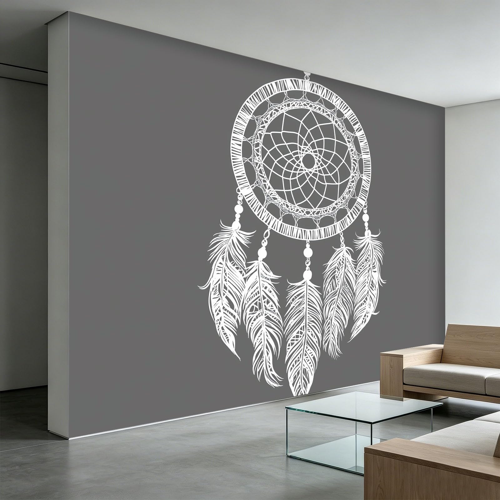 Boho Fototapete B250 x H175 cm Wandtapete, Geometrisch Traumfänger Federn Hochwertige Vliestapete für Wohnzimmer Schlafzimmer - Grau Moderne XXL Wanddekoration 3D-Effekt Wandbild Flur Büro