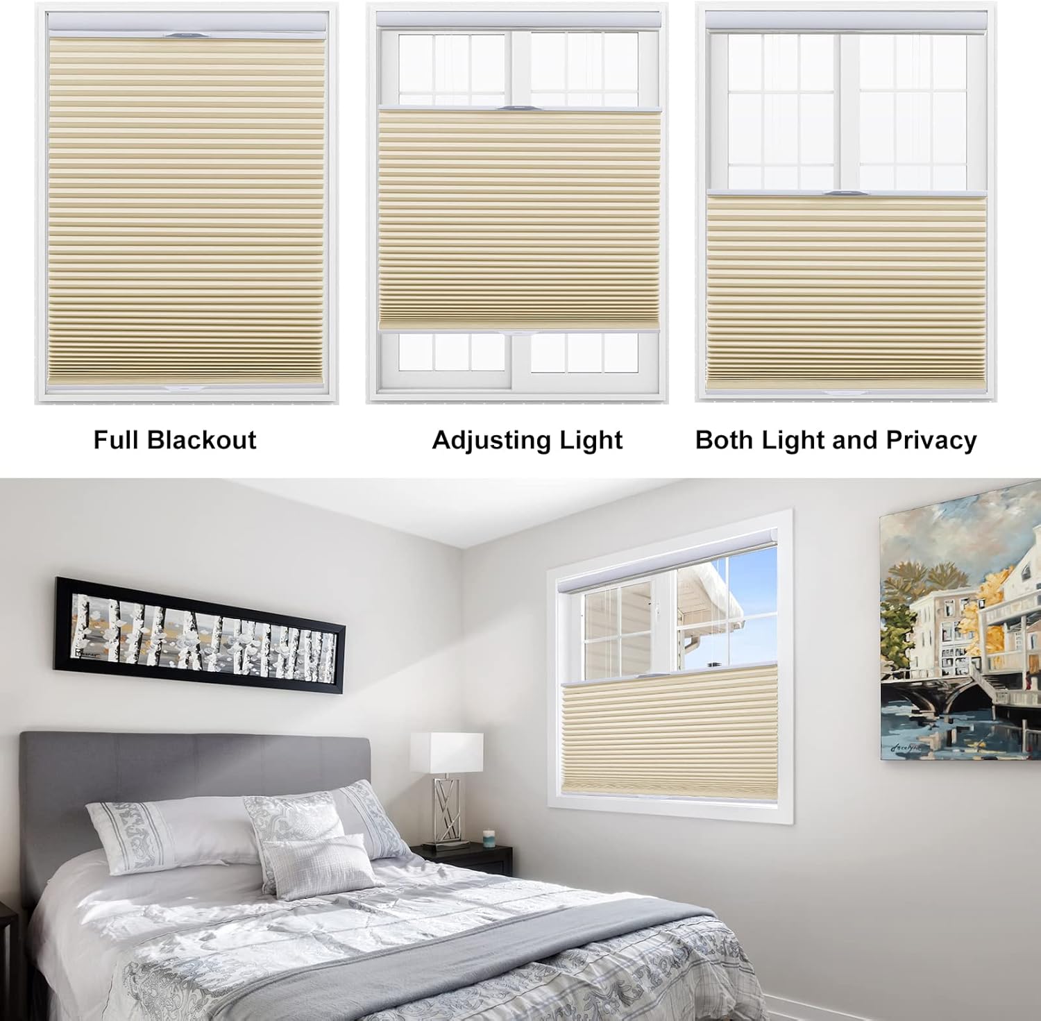 Persilux Custom Window Blinds Top Down Bottom Up Cellular Shades Cordless Blackout Rooming Darkening for Windows Insulated Pleated Accordion Home Beige, One Size, (TDBUA38B084)