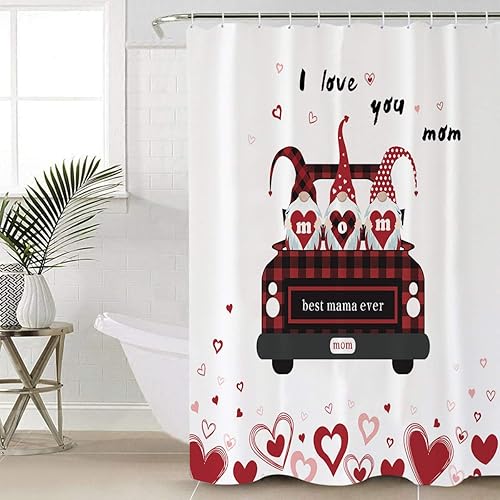 Cortina de ducha con texto en inglés I Love You Mom Best Mama Ever regalo de amor de enano de camión juego de cortina de ducha de tela impermeable