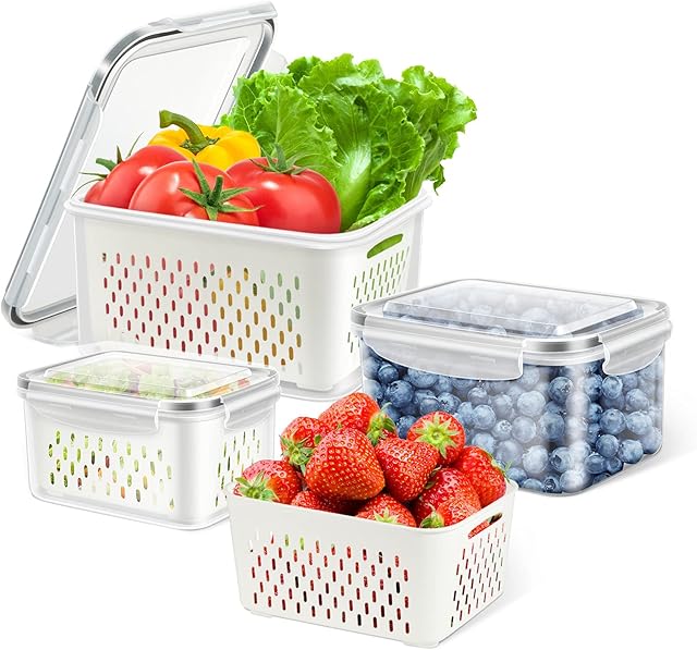 TBMax Airtight Food Storage Containers for Fridge, Stackable Refrigerator Organizer Bins3 Pack, Reusable Vegetable Fruit Storage Containers with Lids, Drain Baskets