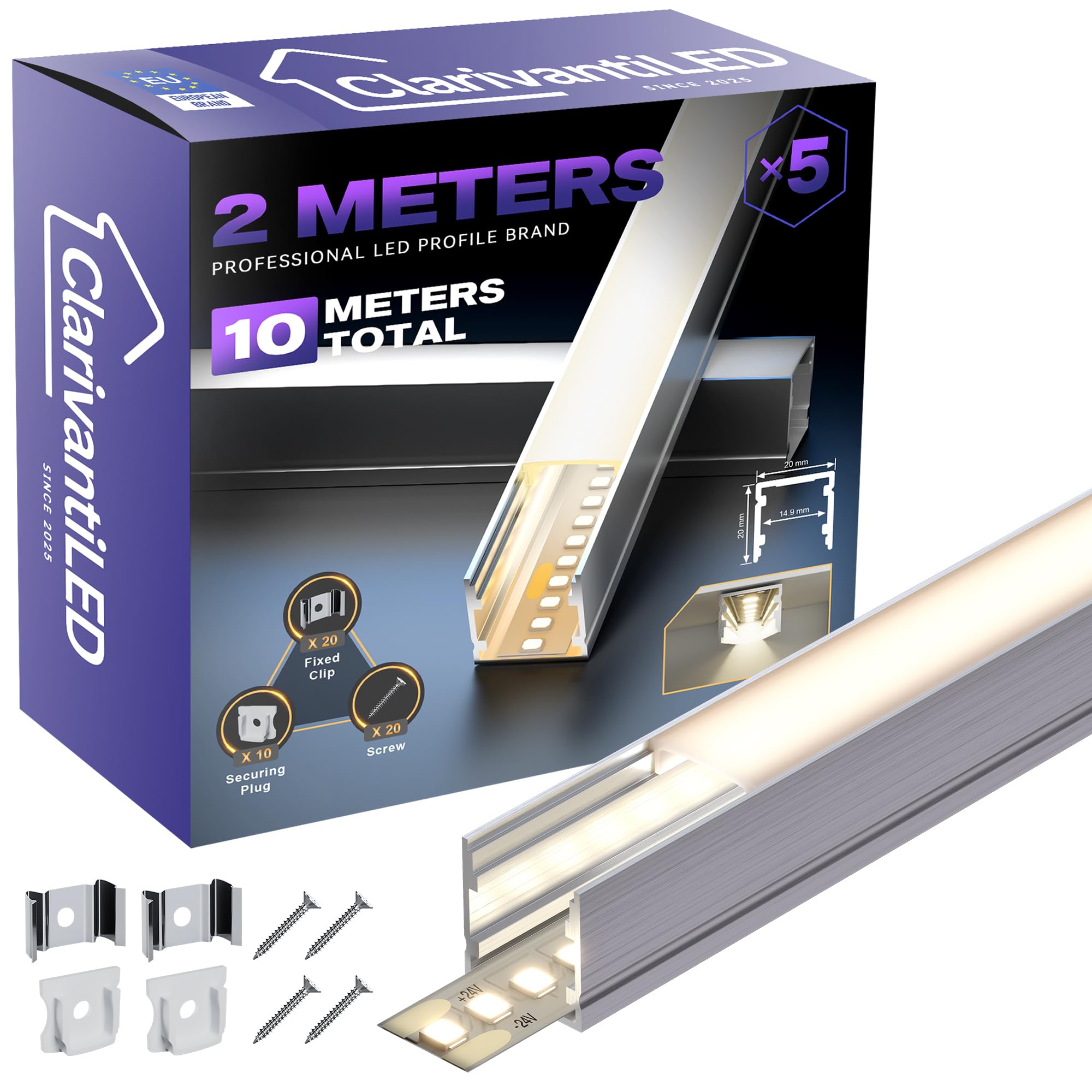 Perfil Aluminio Tira LED 1 (20×20mm U-Form, 5×2 Meter)