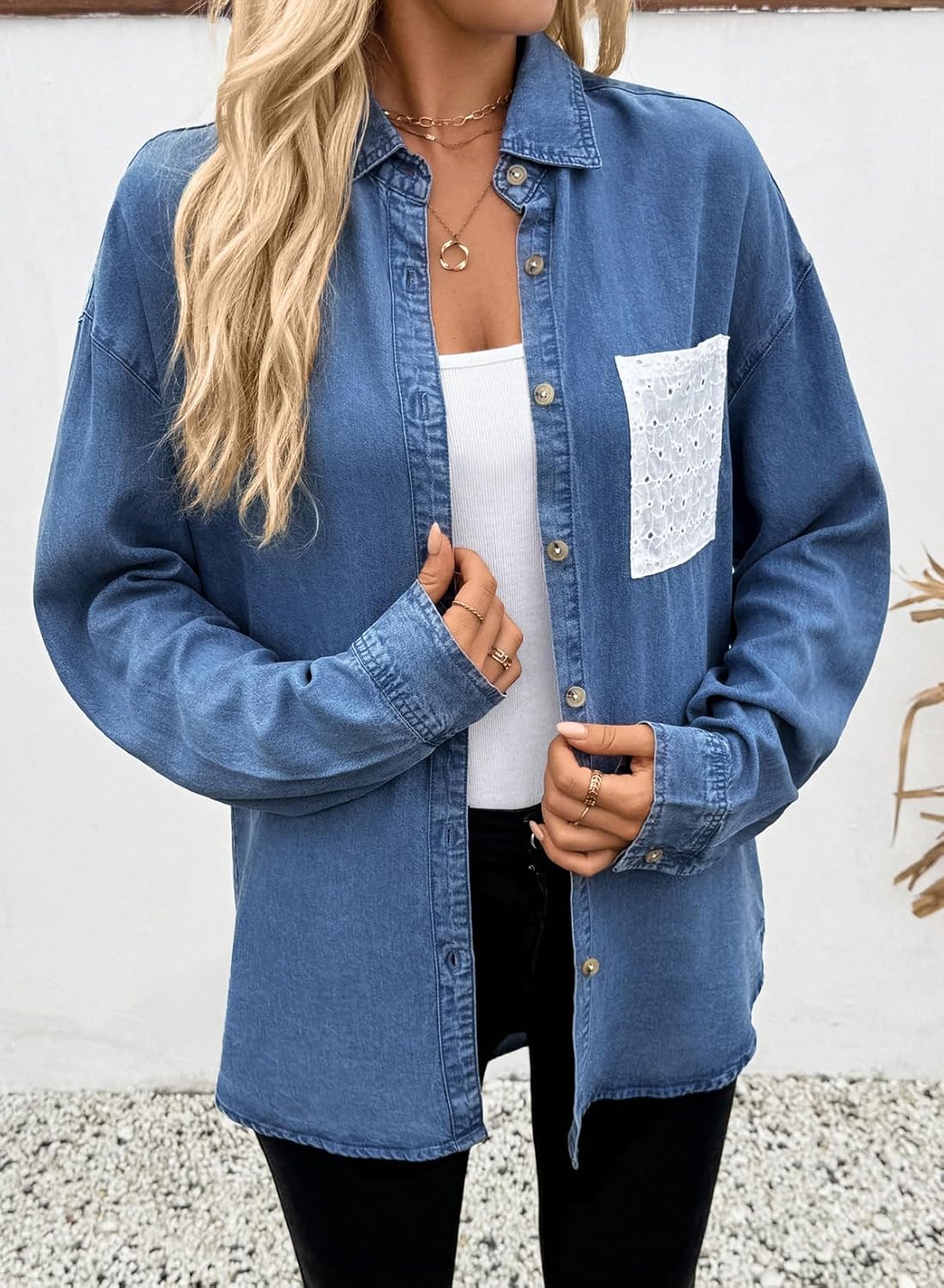 Sidefeel Women's Denim Shirt Button Down Long Sleeve Jean Shirt Shackt with Lace Pocket Denim Top - Image 4