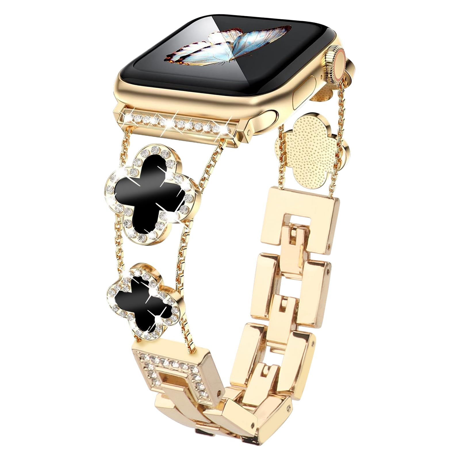 diamond metal band adds sparkle to your watch - Compatible with Apple Watch Series 9/8/7/6/5/4/3/2/1SE - Clover is simple and stylish, fits women's sizes 38mm 40mm 41mm