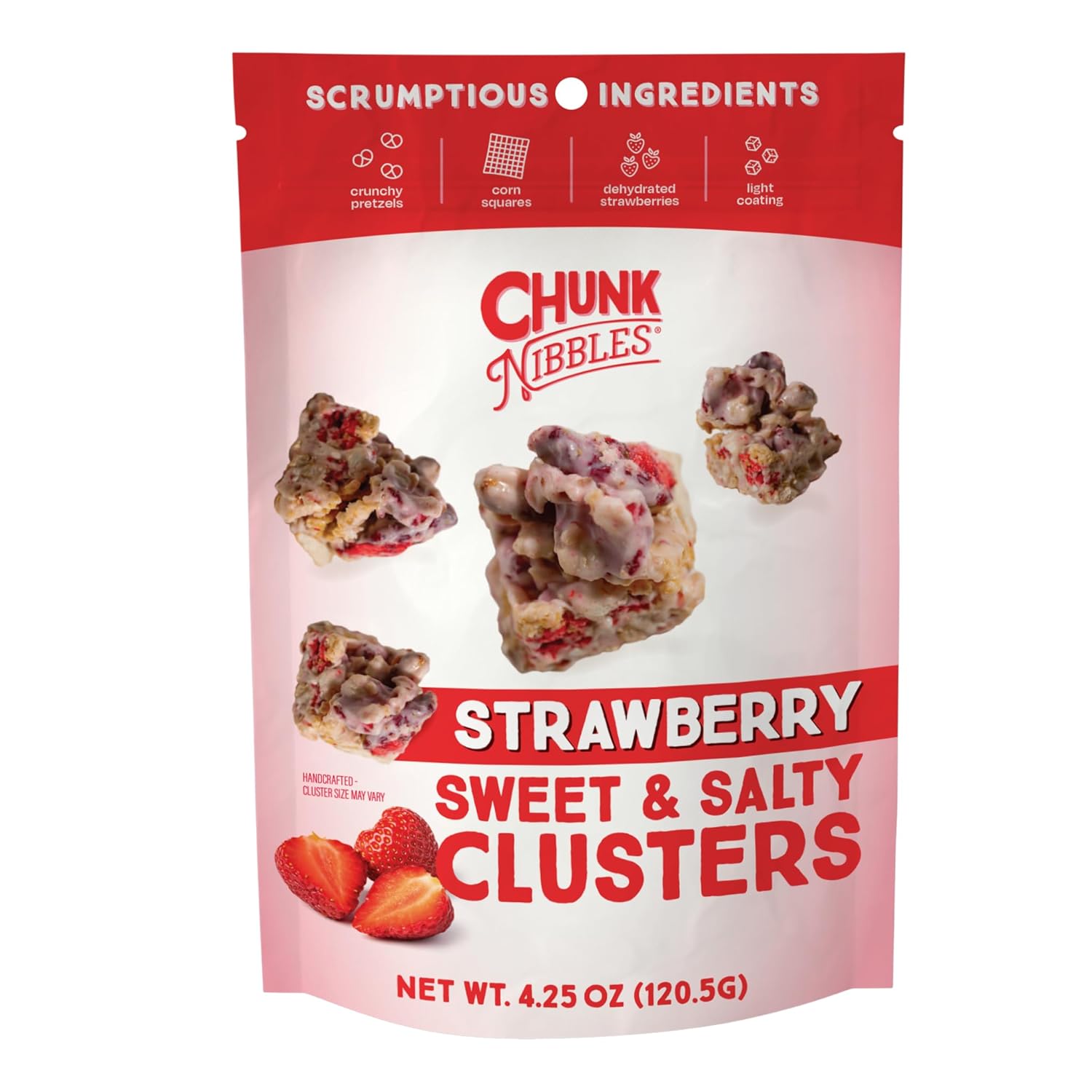 Chunk Nibbles Strawberry Snack Clusters - Real Freeze-Dried Strawberries, Pretzels & Corn Squares - Gourmet Fruity Sweet & Salty Snack, Handcrafted, No Artificial Colors - 4.25oz Resealable Pouch (3 Pack)