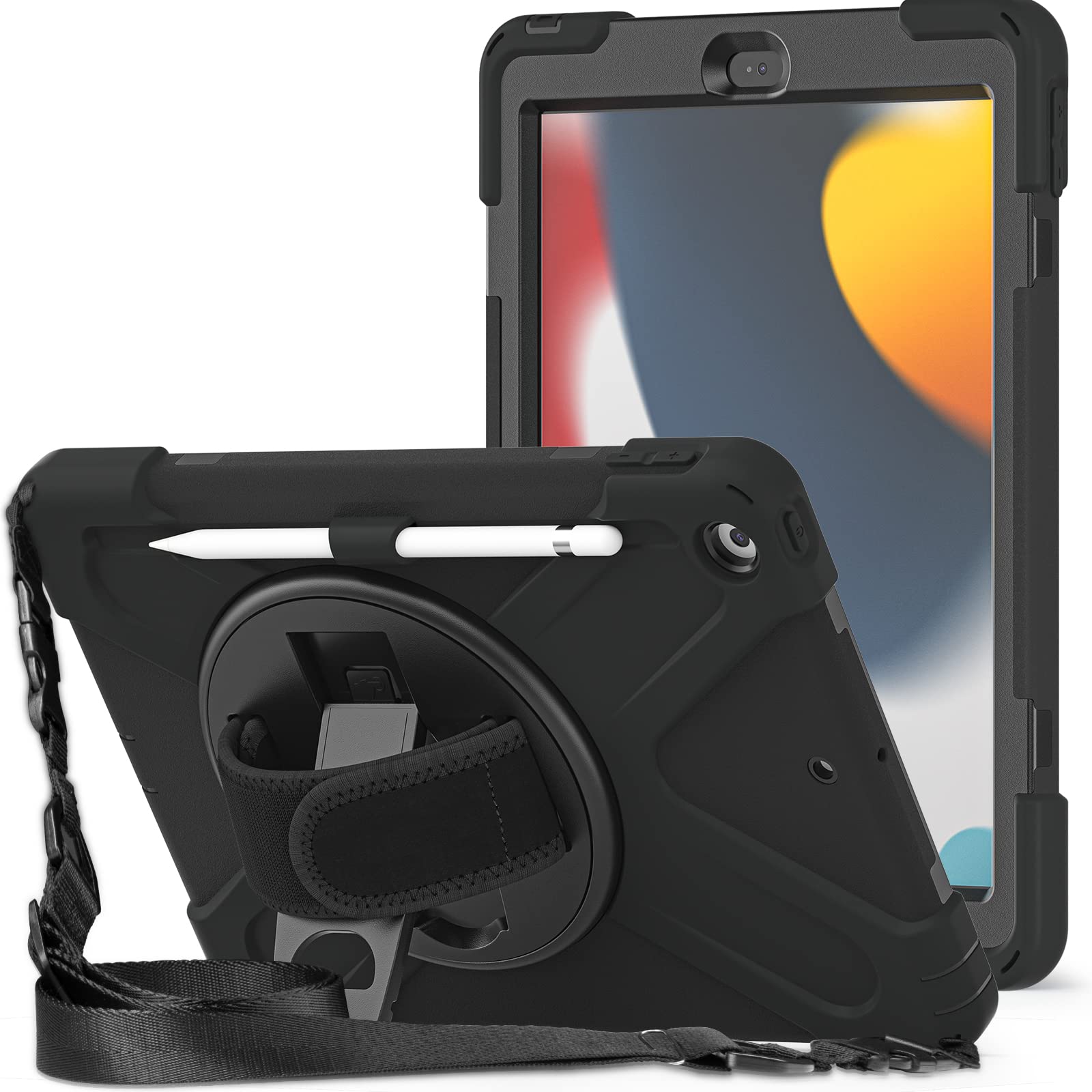 KIQ Shield Series Heavy Duty Case for iPad 9th Generation 10.2 Inch 2021 w/Pencil Holder Shoulder Carrying Strap for Apple iPad Case 7th Gen 8th Gen 10.2 2019 2020 2021 (Black)