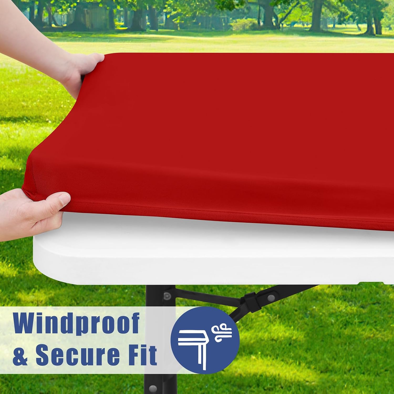 Condition photo showing New/Like New for moosfor spandex 8 foot rectangle table cloth 2 pack, elastic fitted tablecloths for picnic, stretch washable patio table cover for outdoor, camping, banquet and parties (red, 30"x96") red 96" x 30" (rectangular)