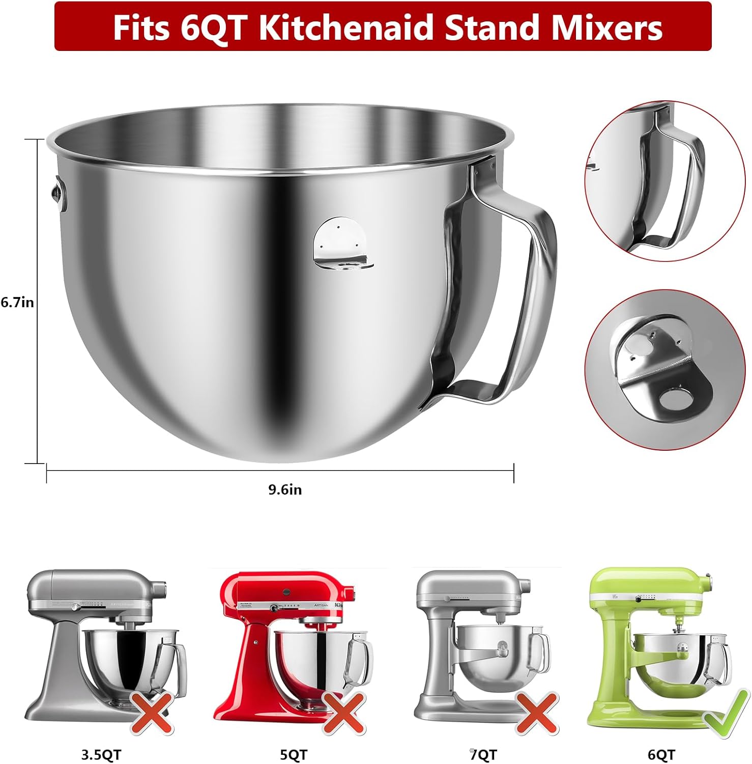 6QT Stainless Steel Mixing Bowl with Ergonomic Handle & Mixer Bowl Covers for KitchenAid, Prevents Food Splatter - Compatible with Kitchen aid 6 Quart Stand Mixer