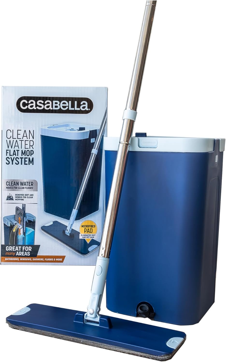Casabella Flat Mop Bucket System - 3-Chamber Bucket System, Built-in Wringing System, Compact Design, Reusable Microfiber Pad, 360-Degree Head