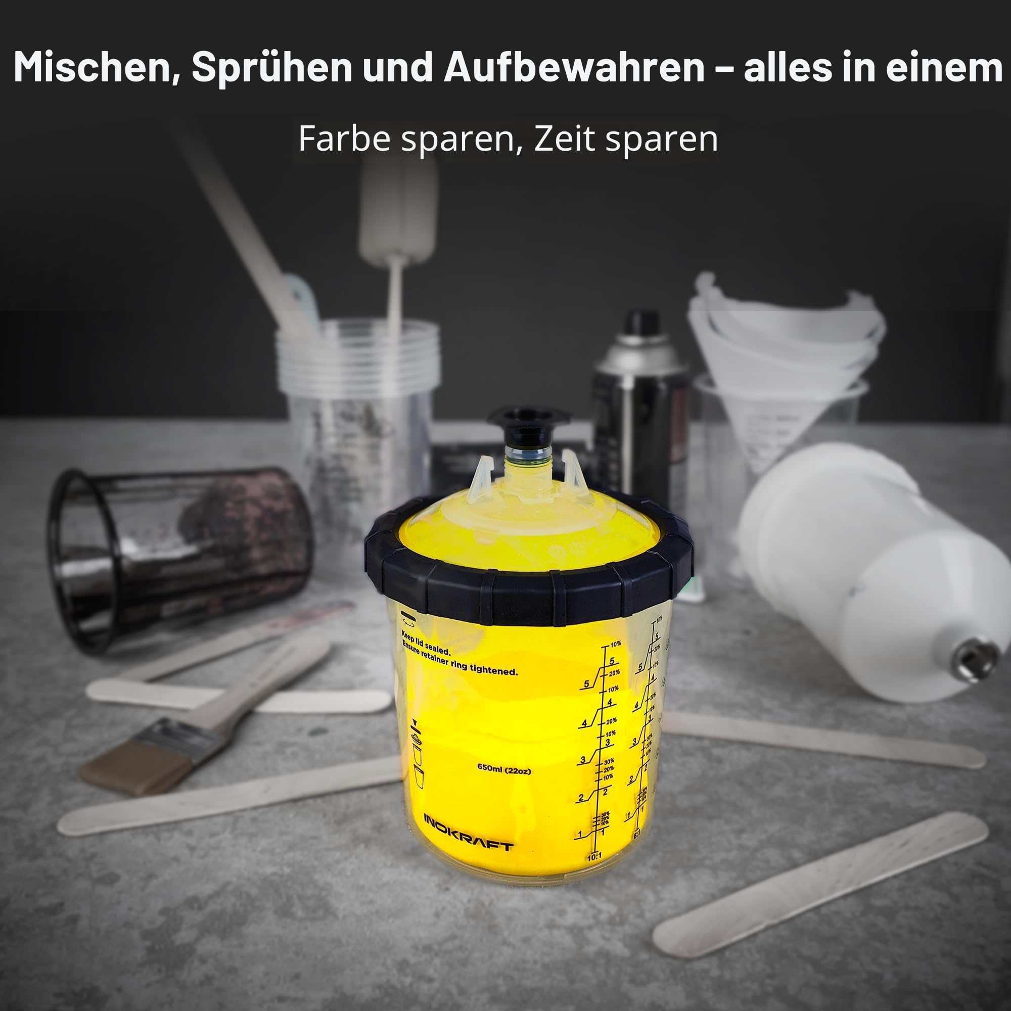 InoKraft Einweg-Farbspritzpistolenbecher 22 Unzen 650 ml Set 45 Becher Deckel HVLP LVLP