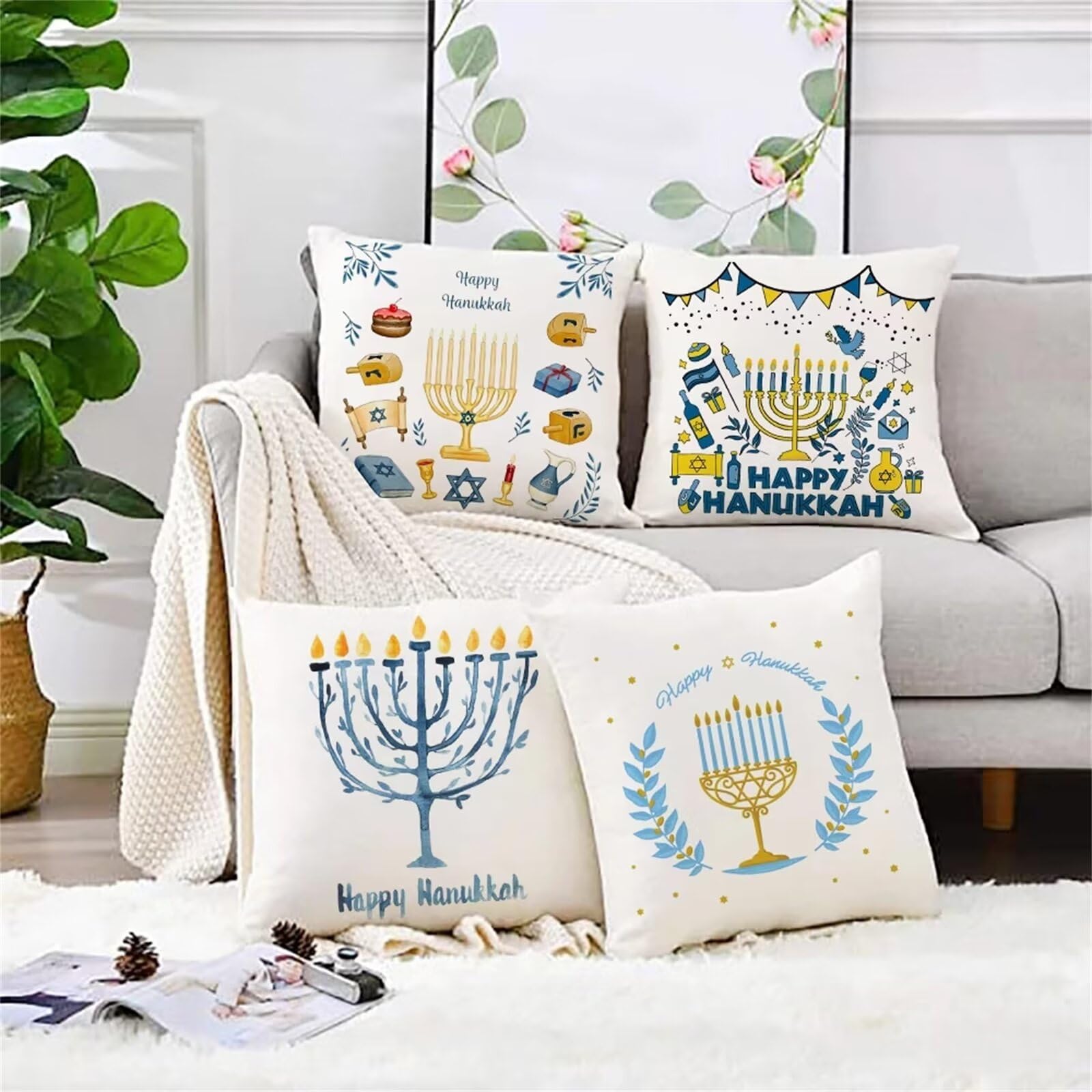 Juego de 4 Impermeable Funda de Cojín Candelabro Retro,65x65cm Moderno Suave Transpirables Lino Fundas de Almohada Cojines Decorativos con Cremallera Oculta para Exterior Sofá Cama Coche Hogar