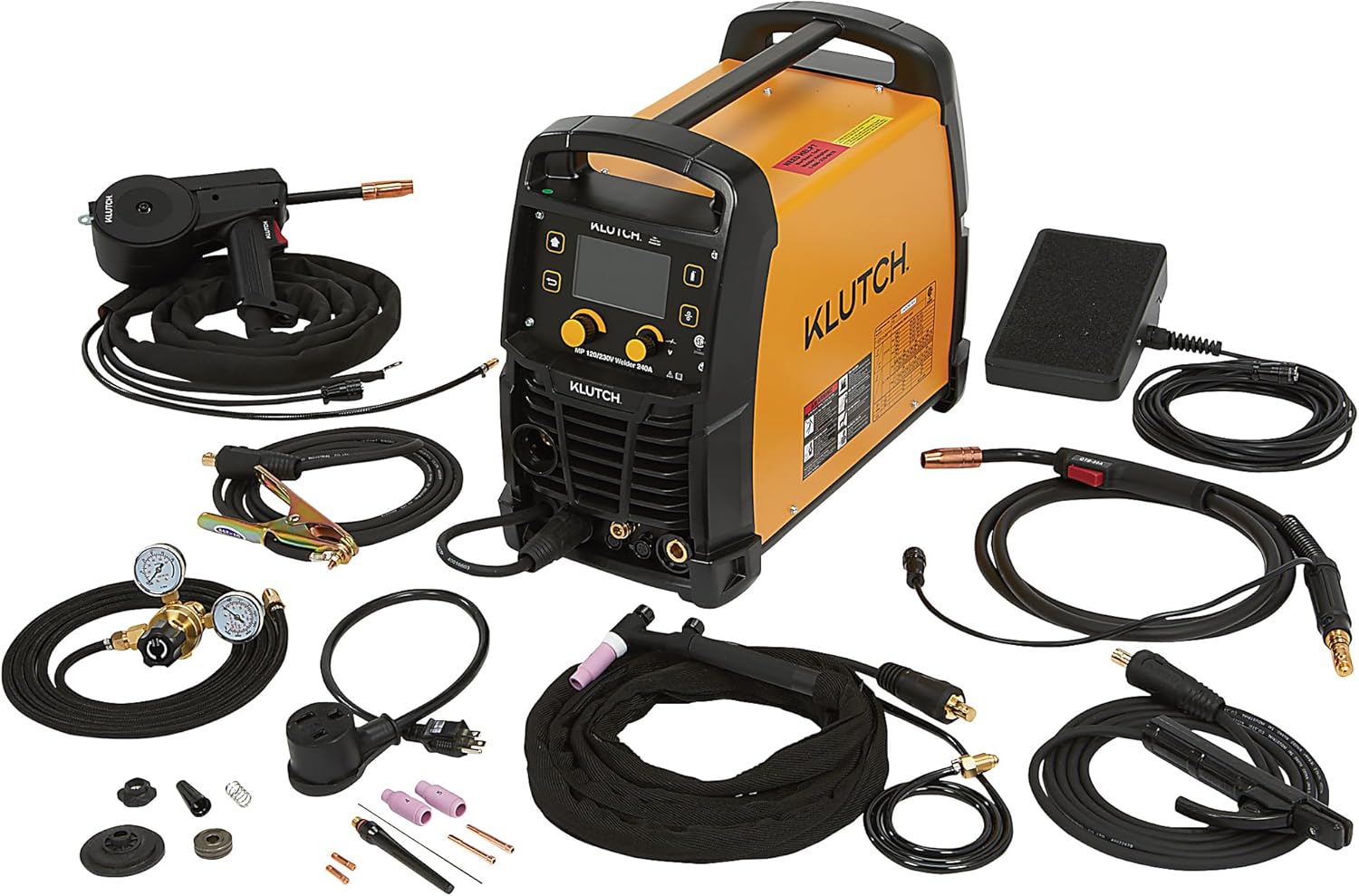 Klutch Dual-Voltage MIG/Flux-Core/TIG/Stick Multi-Process 4-in-1 Welder with Inverter Technology, LCD Display and Spool Gun, 120/230 Volts, 240 Amp Max., MIG Ready