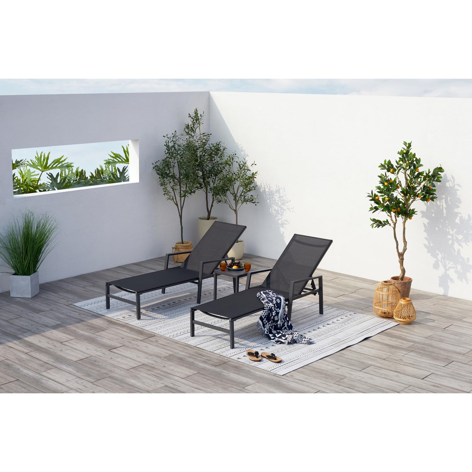 CONCEPT USINE Lot de 2 Transats Bari Noir avec Table d'Appoint Aluminium