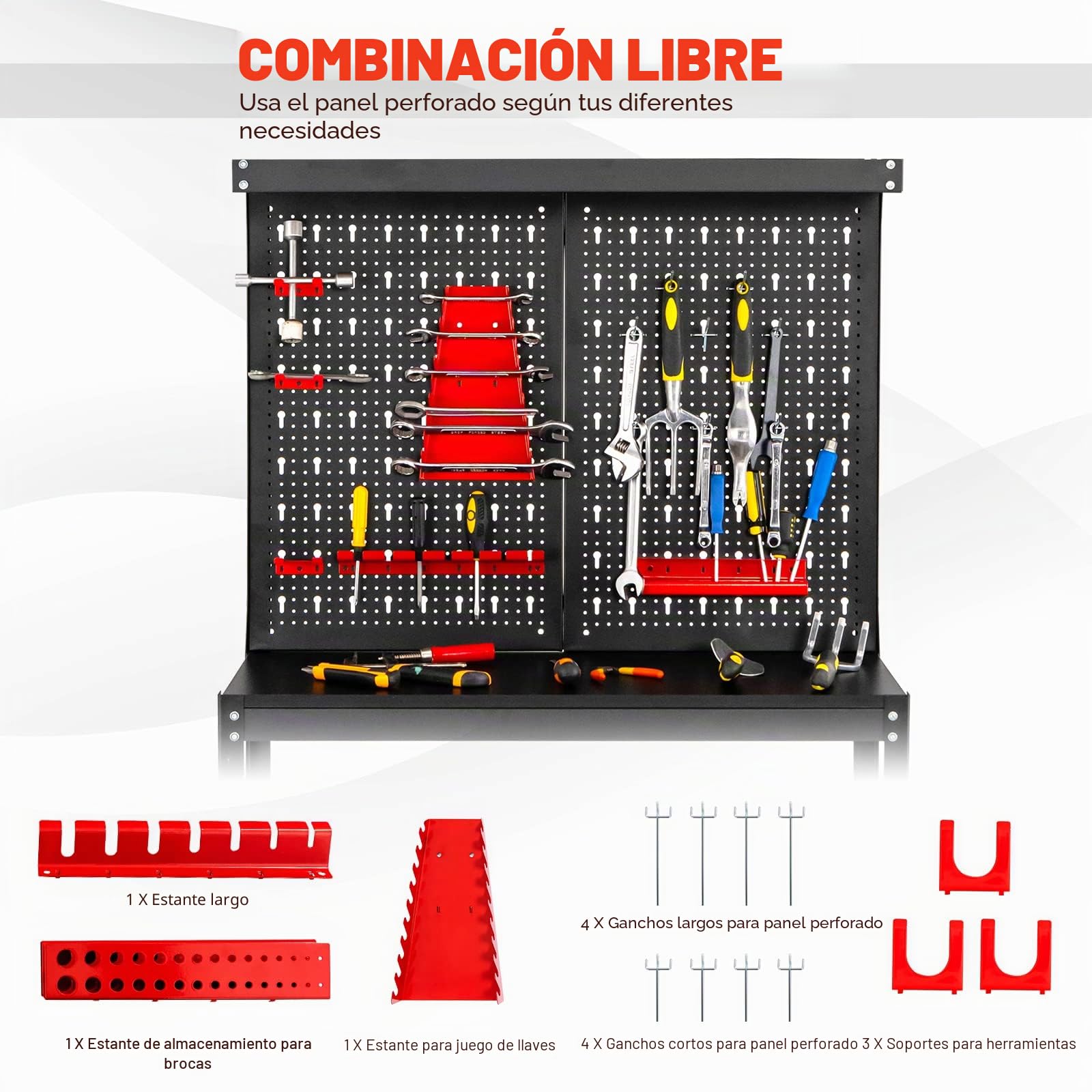 GOPLUS Banco de Trabajo Taller, Carga 100 kg, 810 x 410 x1555 mm, Mesa de Herramientas Carga con Tablero Perforado Metal, Estante Abierto, 14 Accesorios para Colgar (Negro+ Rojo Panel)