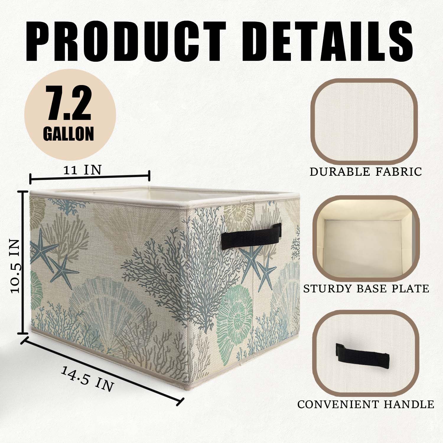 Coastal Beach Storage Bins Basket, Beach Room Decor, Coastal Coral Starfish Seashell Collapsible Fabric Storage Box Organizer Toybox for Bedroom Bathroom Clothes Books Toys