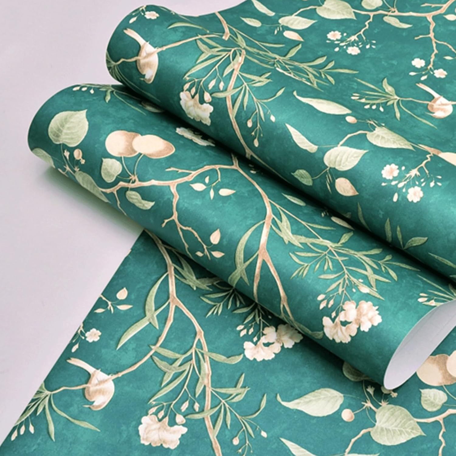 Retro Floral Peel-and-Stick Wallpaper Floral Contact Paper Self-Adhesive Removable for Bedroom Decor(Green)