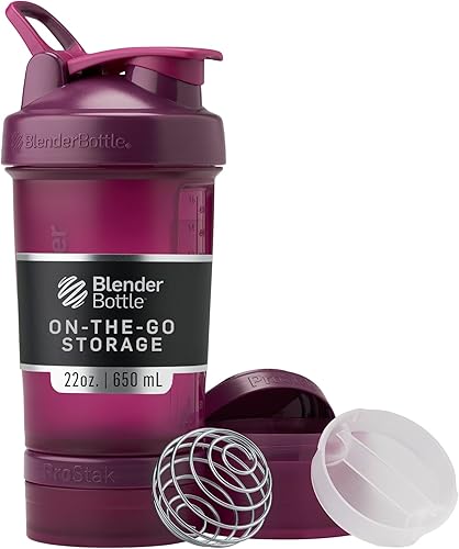 BlenderBottle - Botella agitadora con organizador de pastillas y almacenamiento para proteína en polvo, sistema ProStak, 22 onzas, ciruela