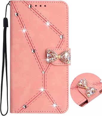 ONV Wallet Case Compatible with Oppo Reno 10 / Oppo Reno 10 Pro- Sparkly Butterfly Wrist Standfunction Card Holder Leather Flip Cover + TPU Shell Cover for Oppo Reno 10 / Oppo Reno 10 Pro[HT05]-Pink