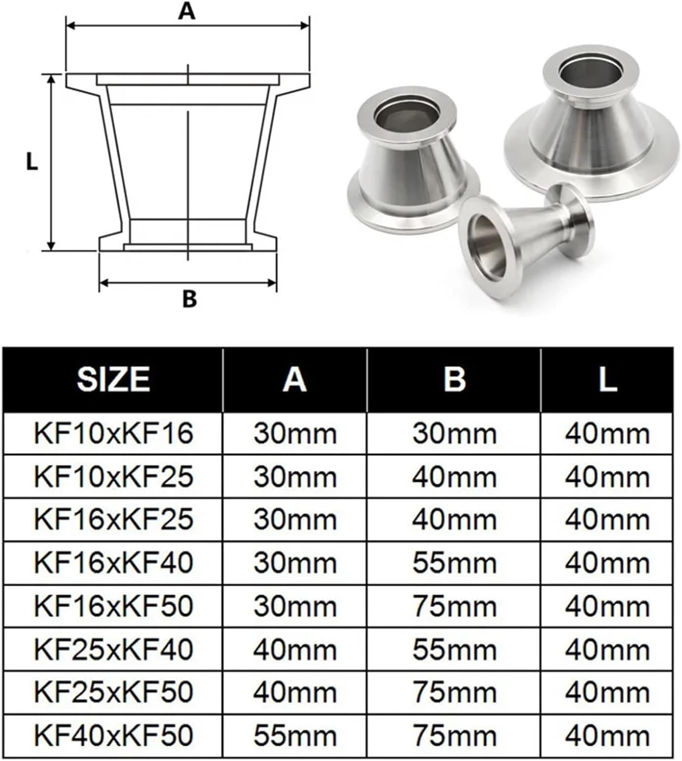 1pc KF16/25/40/50 Tri Clamp Reducer Vacuum Pipe Fittings Flange Adapter 304 Stainless Steel Sanitary KF25-40 KF25-50 KF16-25(KF10-KF16)