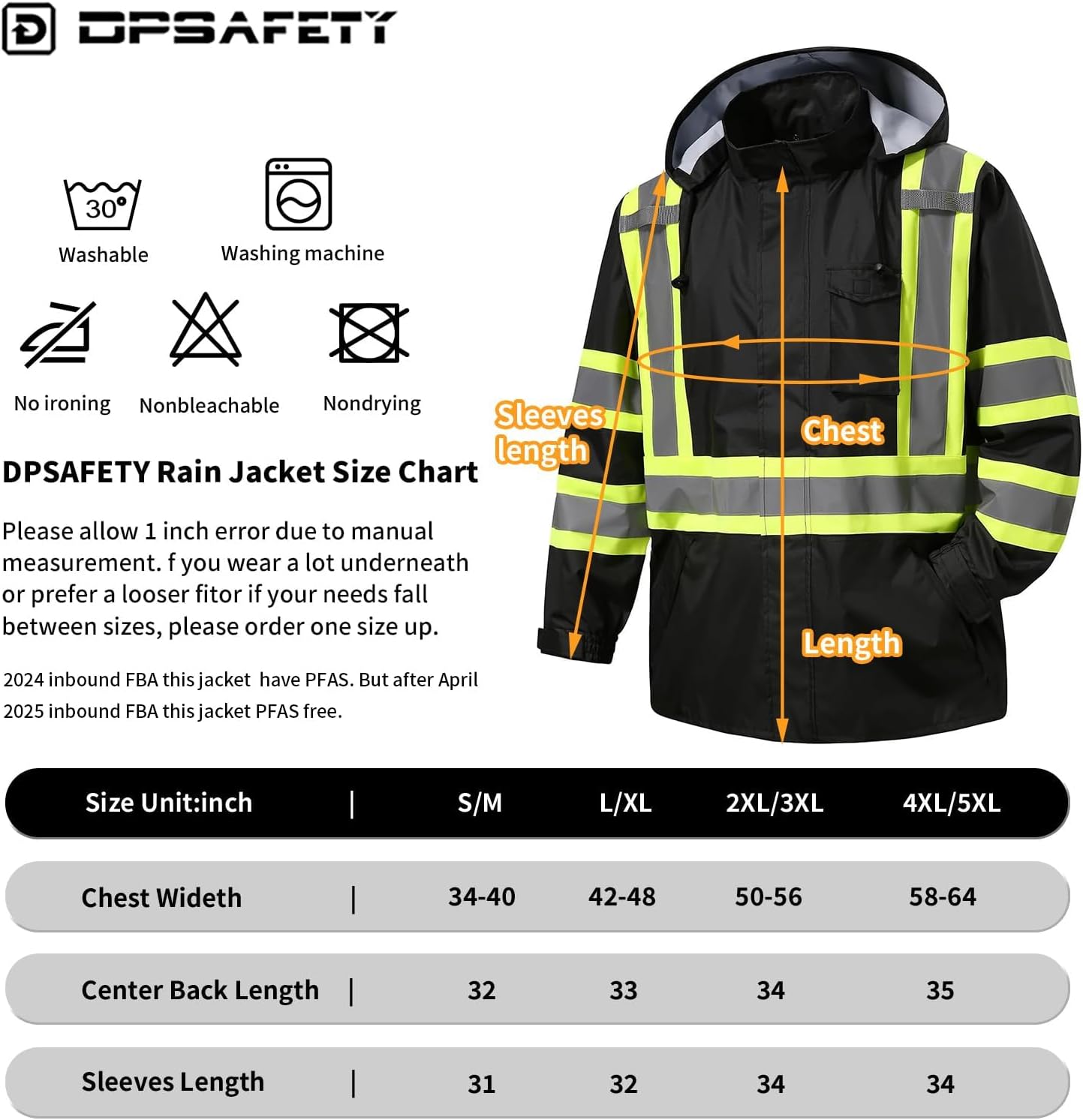 Reflective Rain jackets for men waterproof,Hi Vis Safety Coat With Reflective Strips，High Visibility Class 3 Rain jackets With 2 large pockets，Zipper,Black ，LG/XL