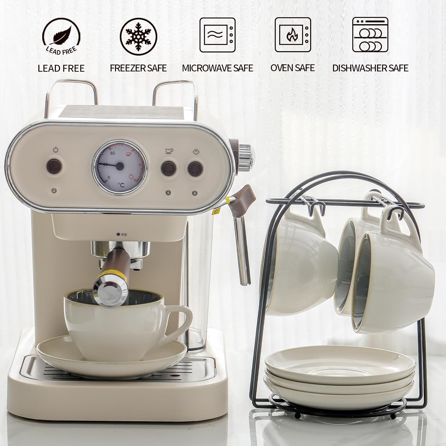 SIDUCAL Stackable Cappuccino Cup Set of 4 [8oz] Ceramic Coffee Cups with Saucers and Cup Holder,Microwave/Dishwasher Safe,Espresso Demitasse Cups(Green) - Image 3