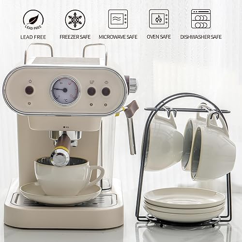 Miniatura 3 de SIDUCAL Juego de 4 tazas apilables de cerámica para capuchino de 8 onzas con platillos y soporte para tazas, aptos para microondas y lavavajillas,