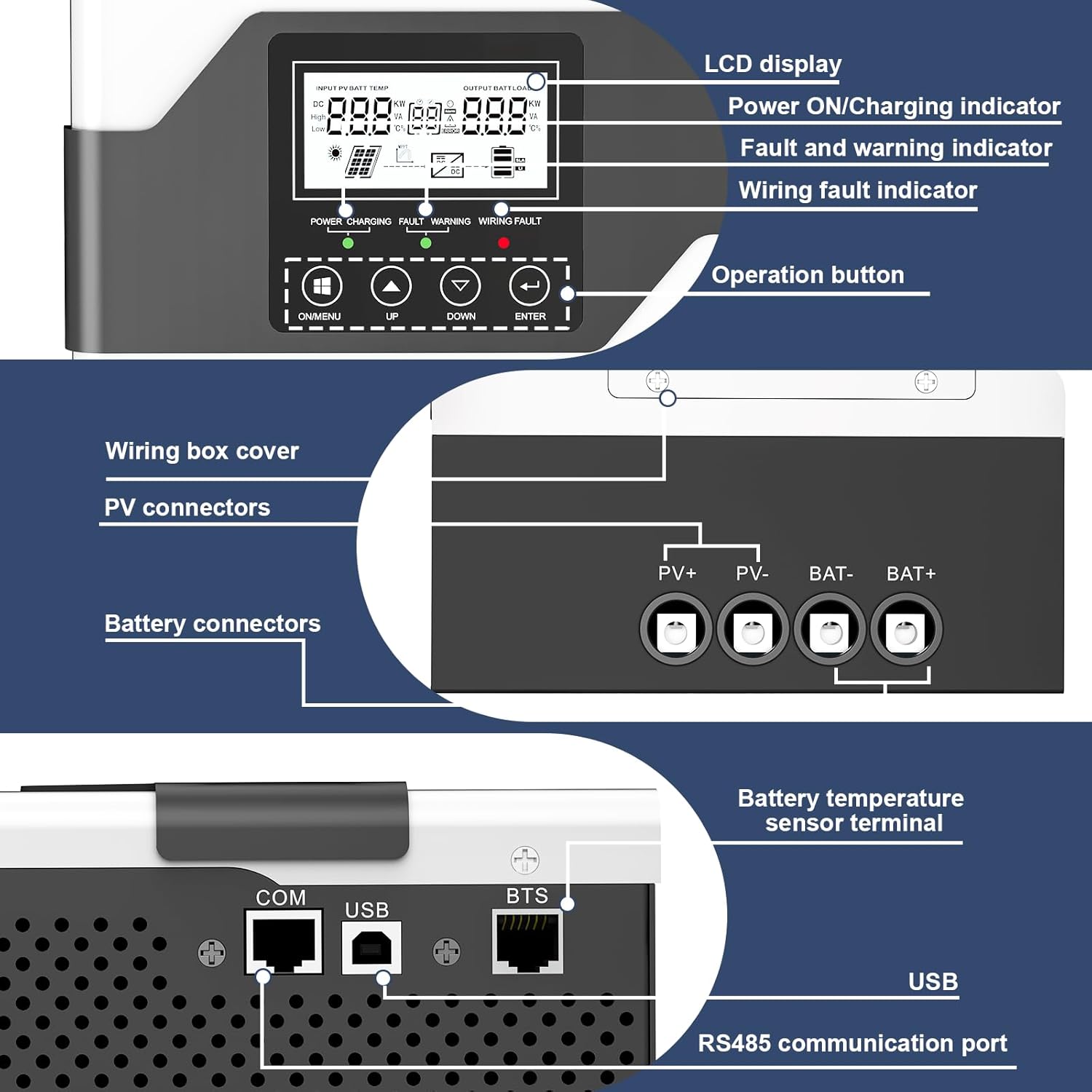 Wiring diagram and port identification for MUST ENERGY 80A MPPT Solar Charge Controller