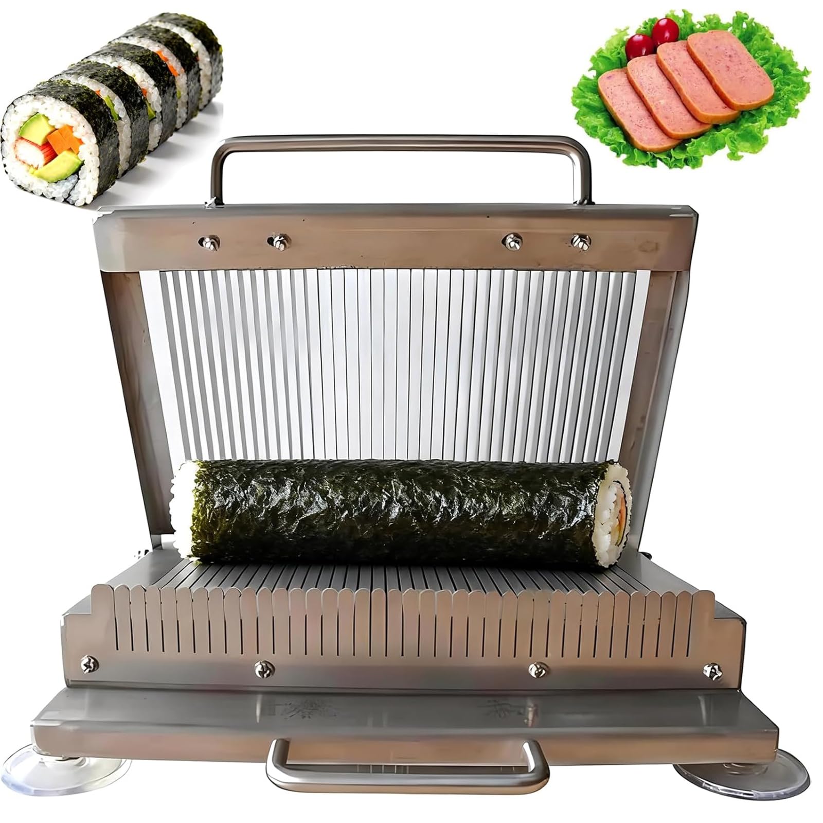 Sushi-Rollenschneider, Edelstahlschneider mit 4 rutschfesten Saugfüßen, 25 x 20 cm Schneidefläche, 8 mm dicke Scheiben für weiche Lebensmittel, Mittagessen Fleisch