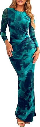 PRETTYGARDEN Womens Floral Bodycon Maxi Fall Dress | Sheer Mesh, Boho Tie Dye, Long Sleeve Fitted, Ruched Waist, Wedding Guest, Cocktail Party Holiday, Elegant Spring Outfits