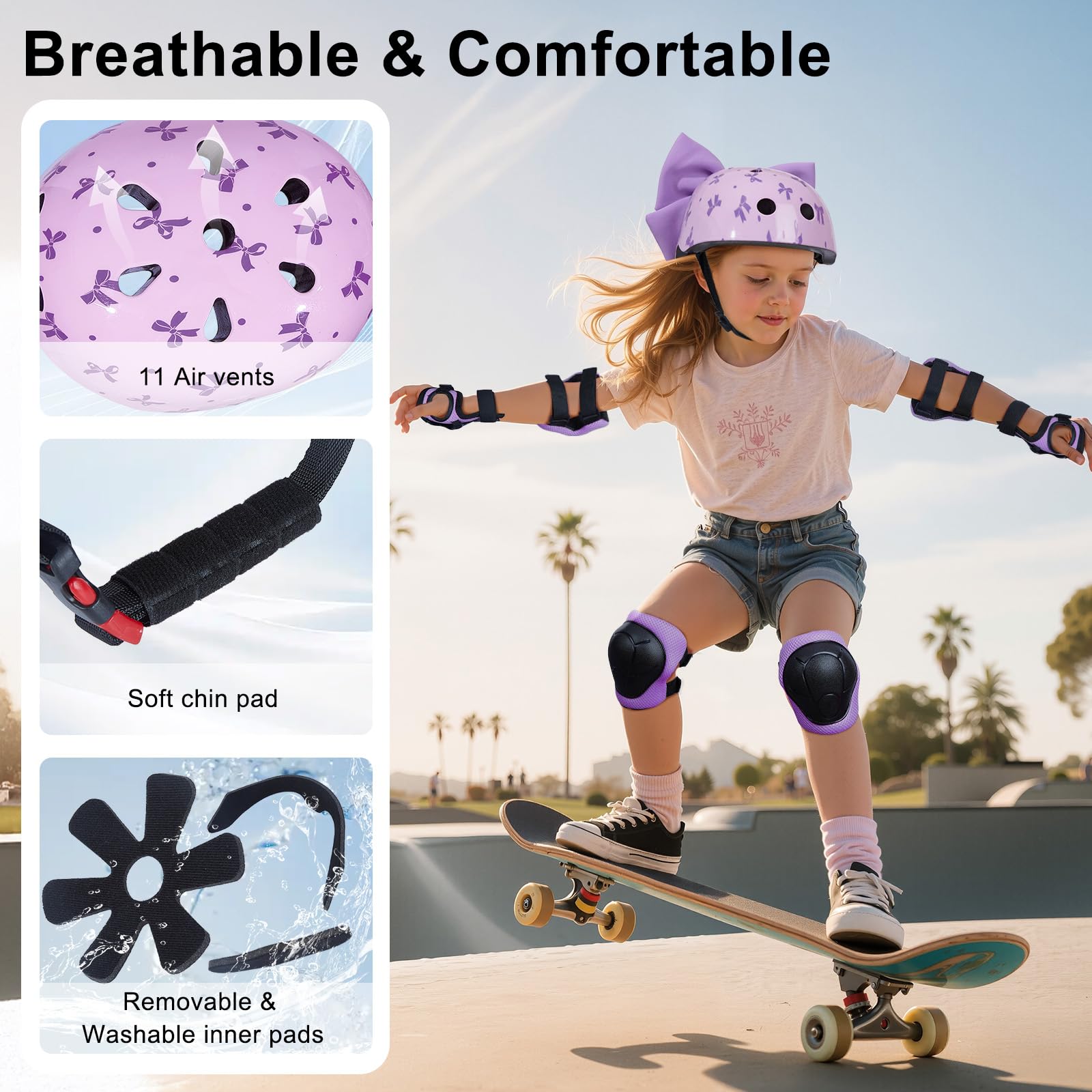 Casque de vélo pour enfant avec équipement de protection pour fille de 8 à 14 ans, casque de skateboard réglable, avec genouillères et coudières, résistant aux chocs avec joli nœud DIY pour
