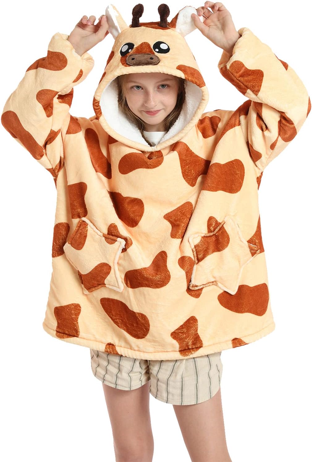 Wearable Blanket Hoodie for Kids Oversized Sherpa Lined Hooded Blankets Warm Sweatshirt with Pockets