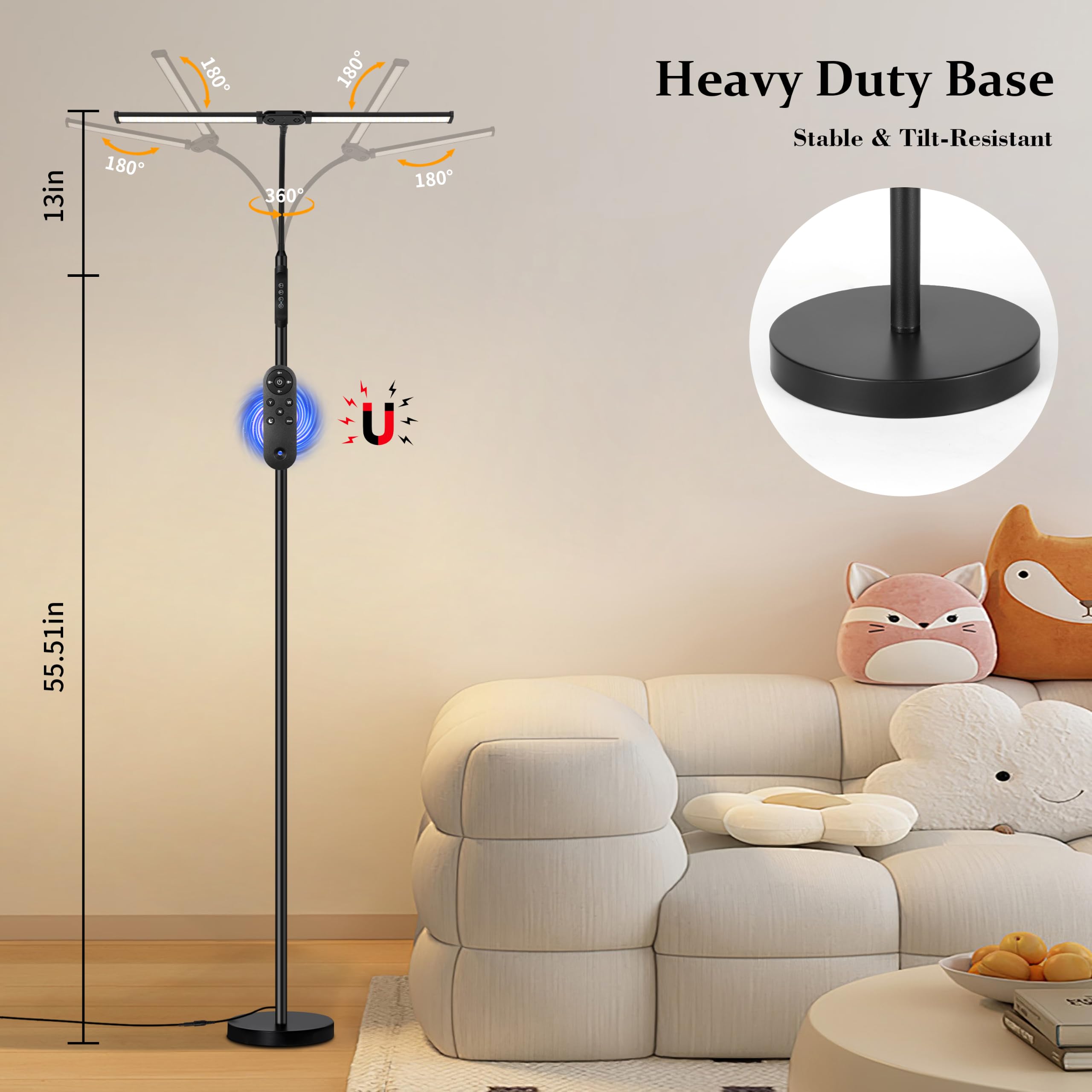 Doppelkopf LED Stehlampe 18W, 3 Farbtemperaturen 10 Helligkeitsstufen, Magnet-Fernbedienung, verstellbarer Schwanenhals, integrierte Kabel, USB-Augenschutzlampe für Wohnzimmer und Büro