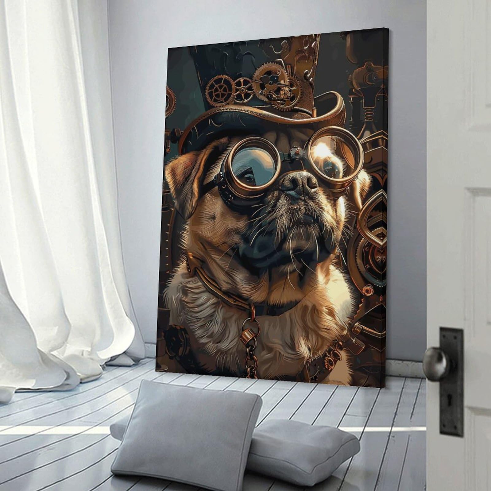 Junmoney Steampunk Pug Dog Canvas Wall Picture 20x30inch(50x75cm), for Picture Wall Styling in Lounge Or Bedroom, Decorative Artwork with Flexible Styling