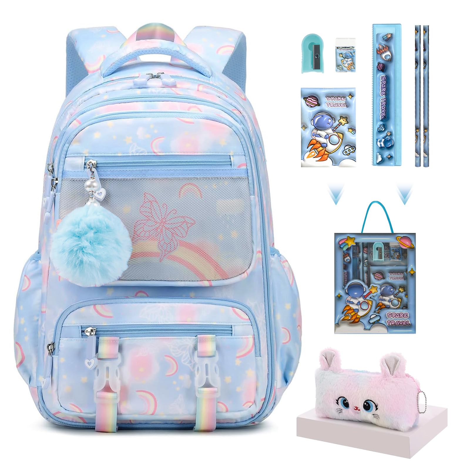 QJHEC Aesthetic Kawaii Rainbow Backpack