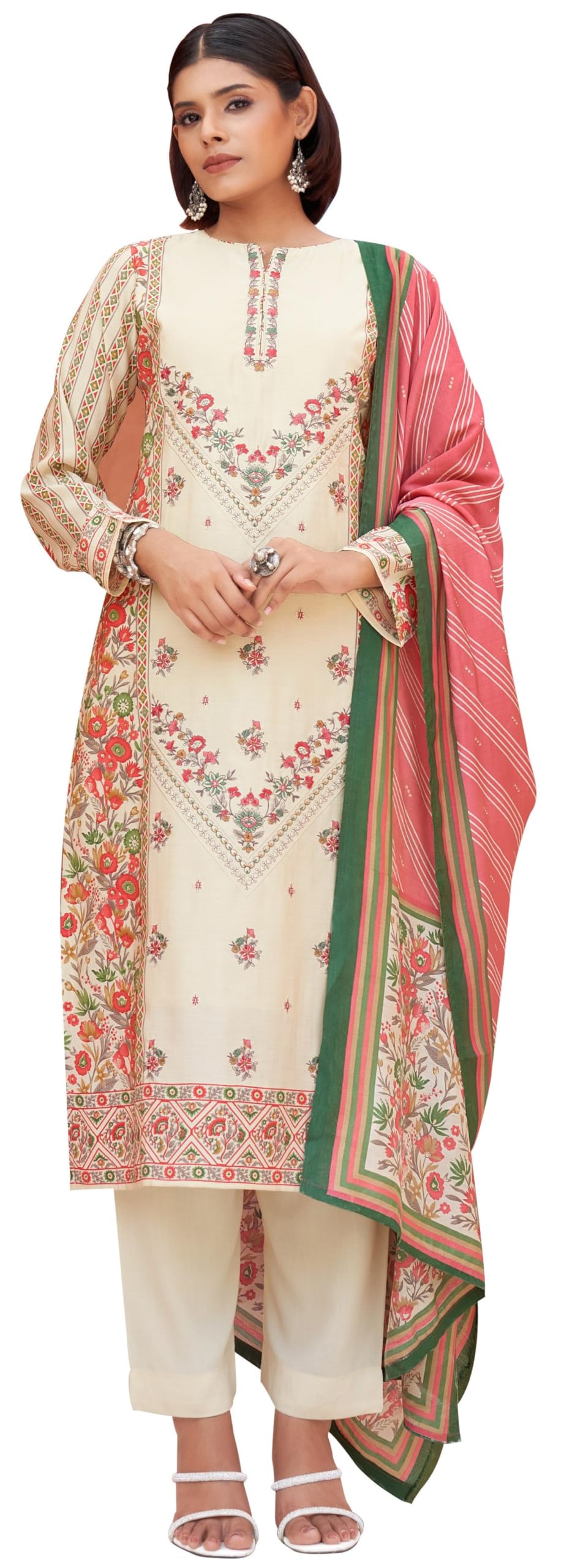 Women's Unstitched Masline Embroidered Suit Material - Viscose Maslin Embroidered Printed Shirt II Maslin Bottoms II Maslin Digital Printed Dupatta-image-24