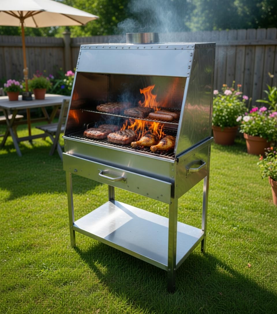 Dorello Stainless Steel BBQ Charcoal Grill with Smoke Hood Chimney, Ash Drawer, Storage Shelf, Turkish Mangal