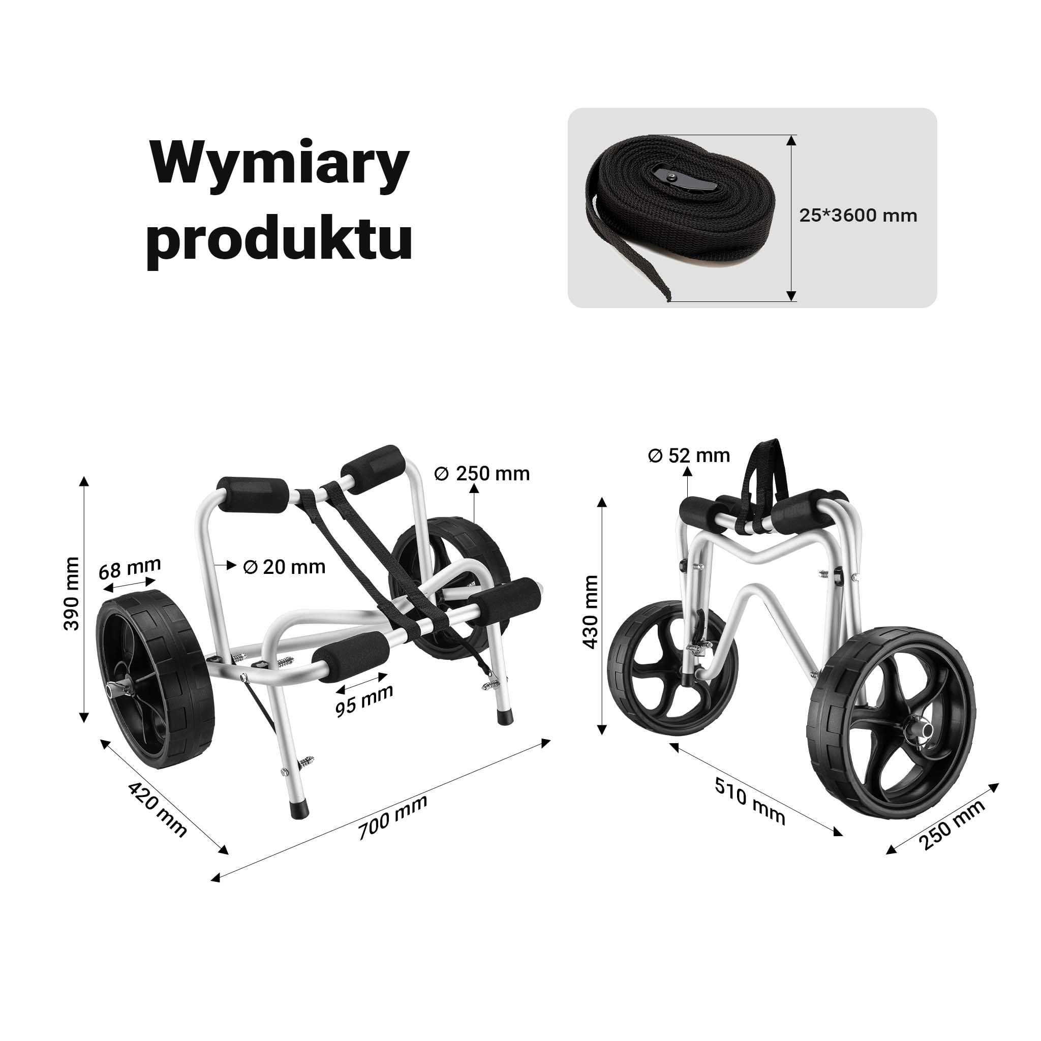 Składany aluminiowy wózek kajakowy Wiltec do 68 kg, wózek transportowy do łodzi, kajaków i kanoe, wózek surfingowy z poduszkami, koła PU Ø25 cm z nylonowym paskiem do mocowania