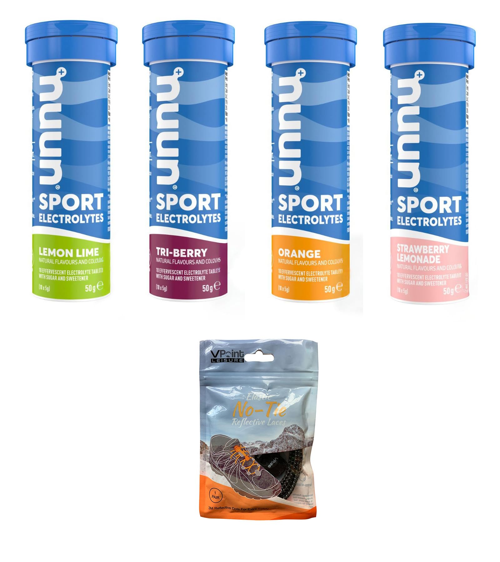 VPoint LeisureNUUN Sport Electrolytes Hydration Tablets - 4 Tubes of Electrolyte Tabs (40 Total Tablets) Bundled with A Pack of Elastic No-tie Reflective Shoe Laces (Mixed Variety)