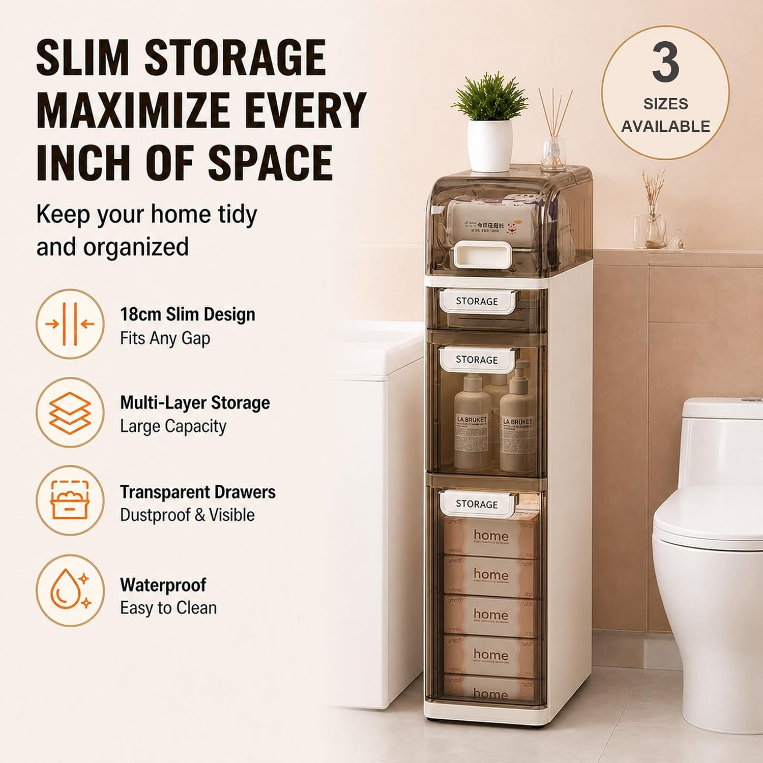 Slim Bathroom Storage Cabinet with Drawers – Narrow Waterproof Rolling Floor Organizer with Wheels, Space-Saving Gap Storage, No Assembly (5-Tier, 38.2" H) image 3
