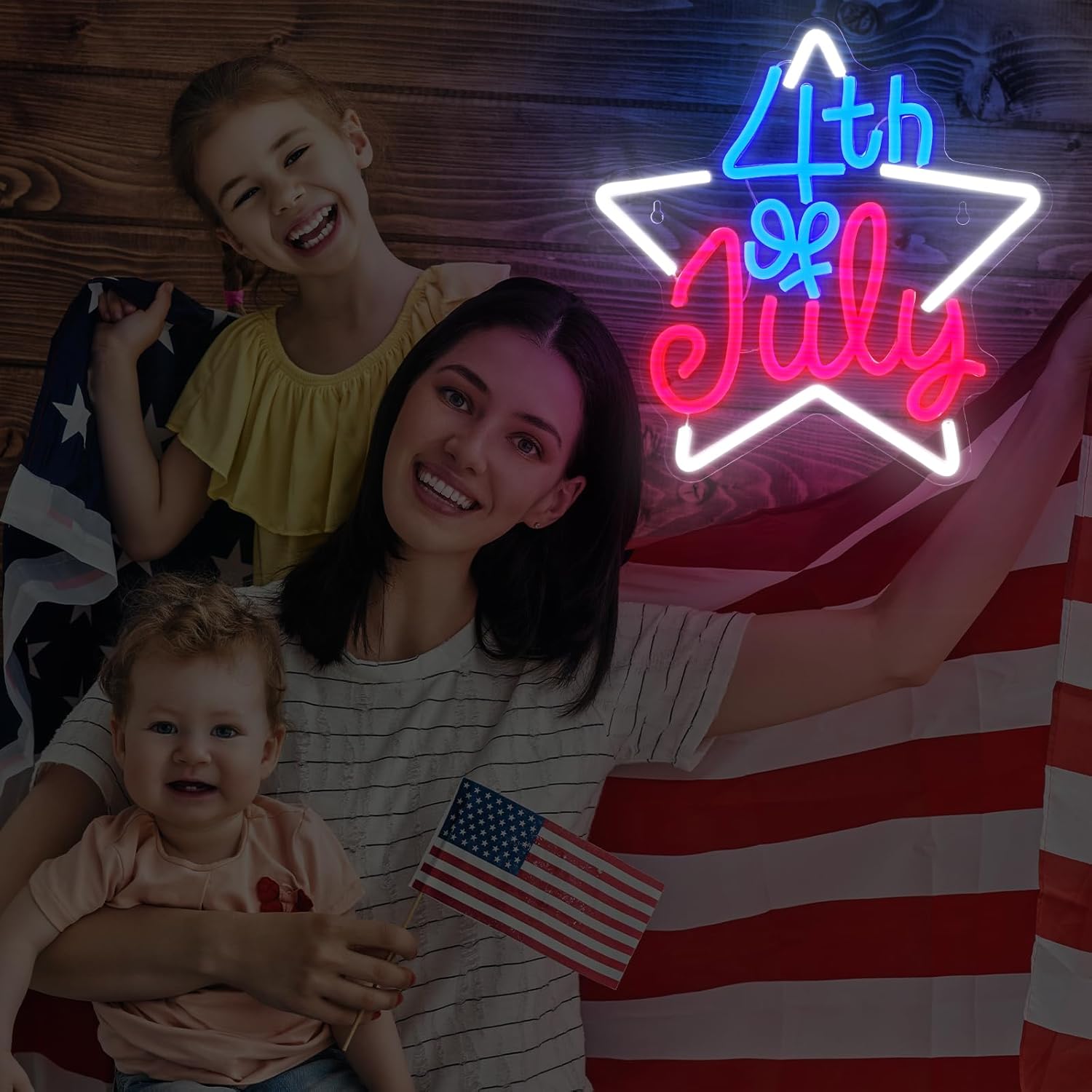 Baquler 4th of July Neon Sign Patriotic 250th Anniversary Star Wall Decor Red White Blue Led Hanging Sign Memorial Day Neon Light USB Powered for Independence Day Decor