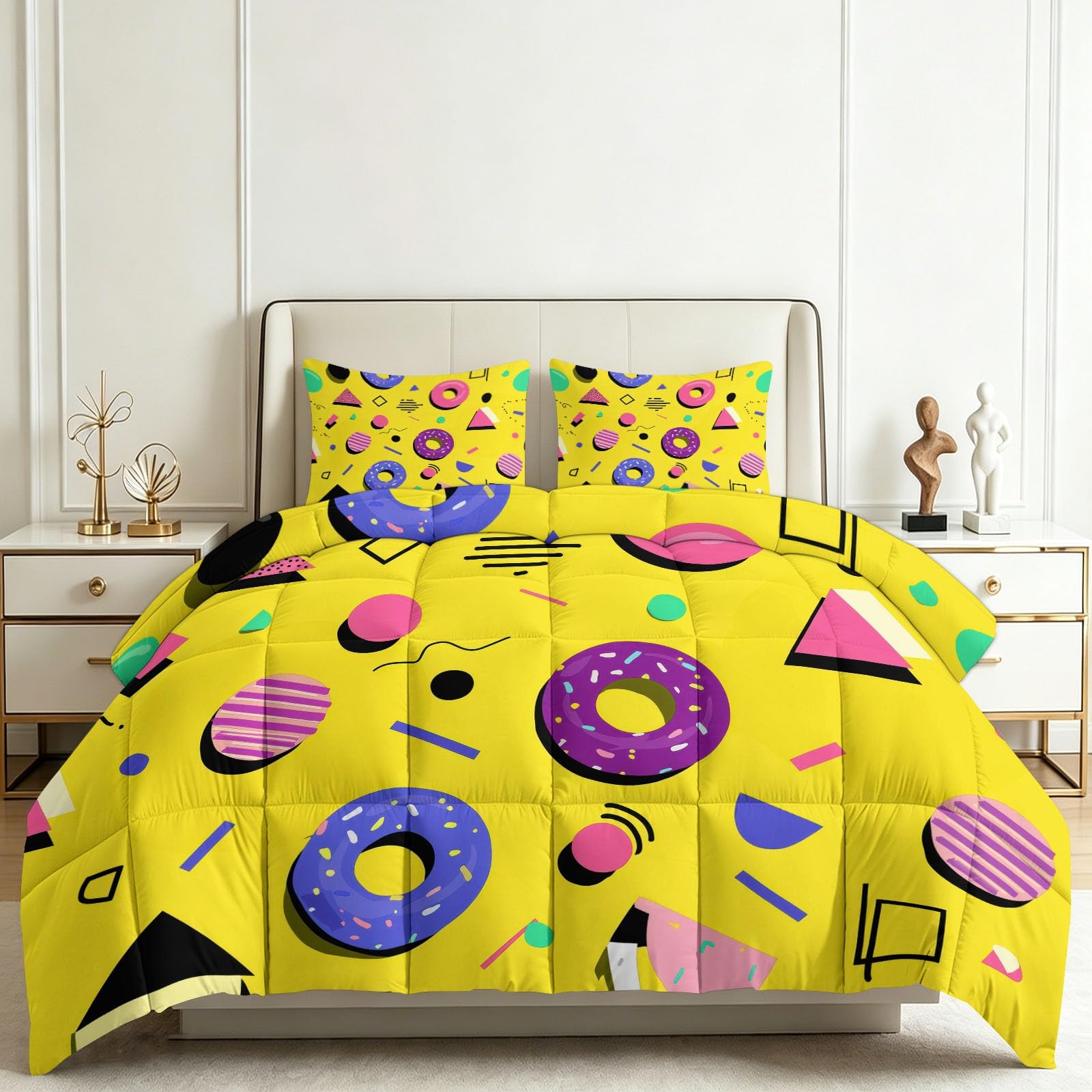 Couette 200x200 motif géométrique rétro avec 2 taies d'oreiller pour lit 2 personnes