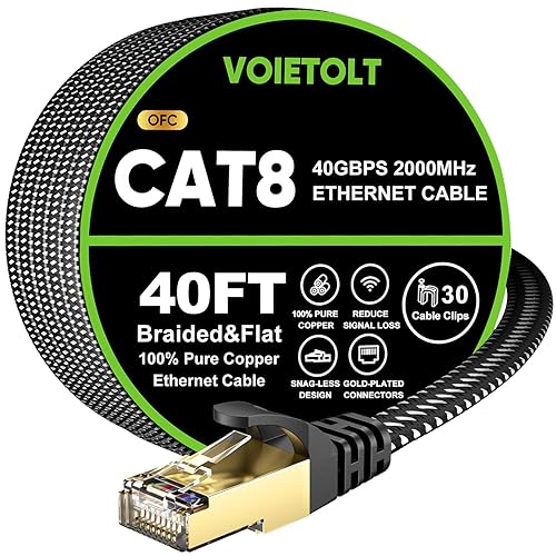 Miniatura 17 de Cable Ethernet Cat 8 de 20 pies plano, cable de Internet trenzado de alta velocidad de 40 Gbps 2000 MHz con RJ45 chapado en oro SSTP, cable LAN de
