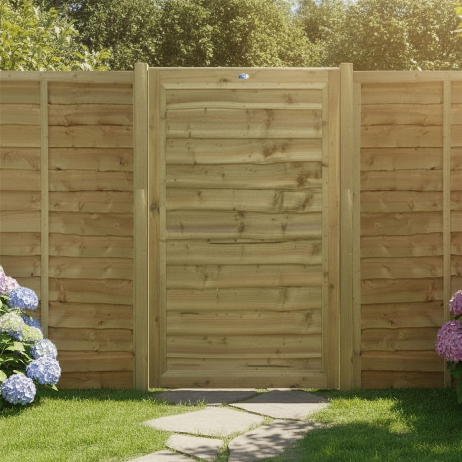 Garden Gate Pressure Treated Waney Larch Lap, Fully Framed Wooden Pedestrian Affordable Timber Garden Door, H:5ft x W:3ft Ideal for Outdoor Pathway Home Access, 150cm High x 90cm Wide