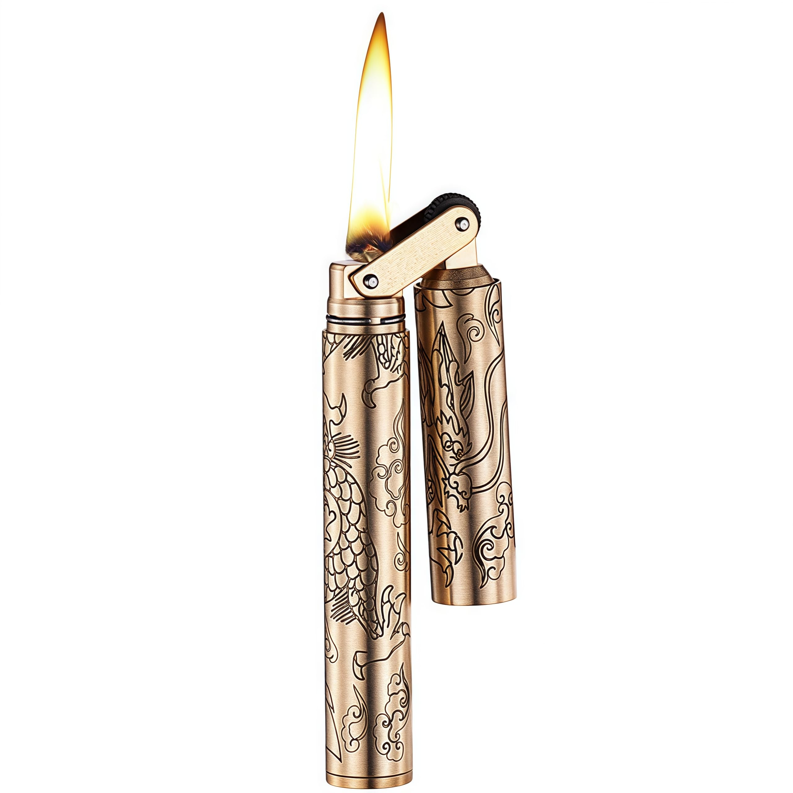 Nunchaku Kerosene Lighter Copper Vintage Trench Lighter Grinding Wheel Flint Lighters Foldable Portable (Dragon)