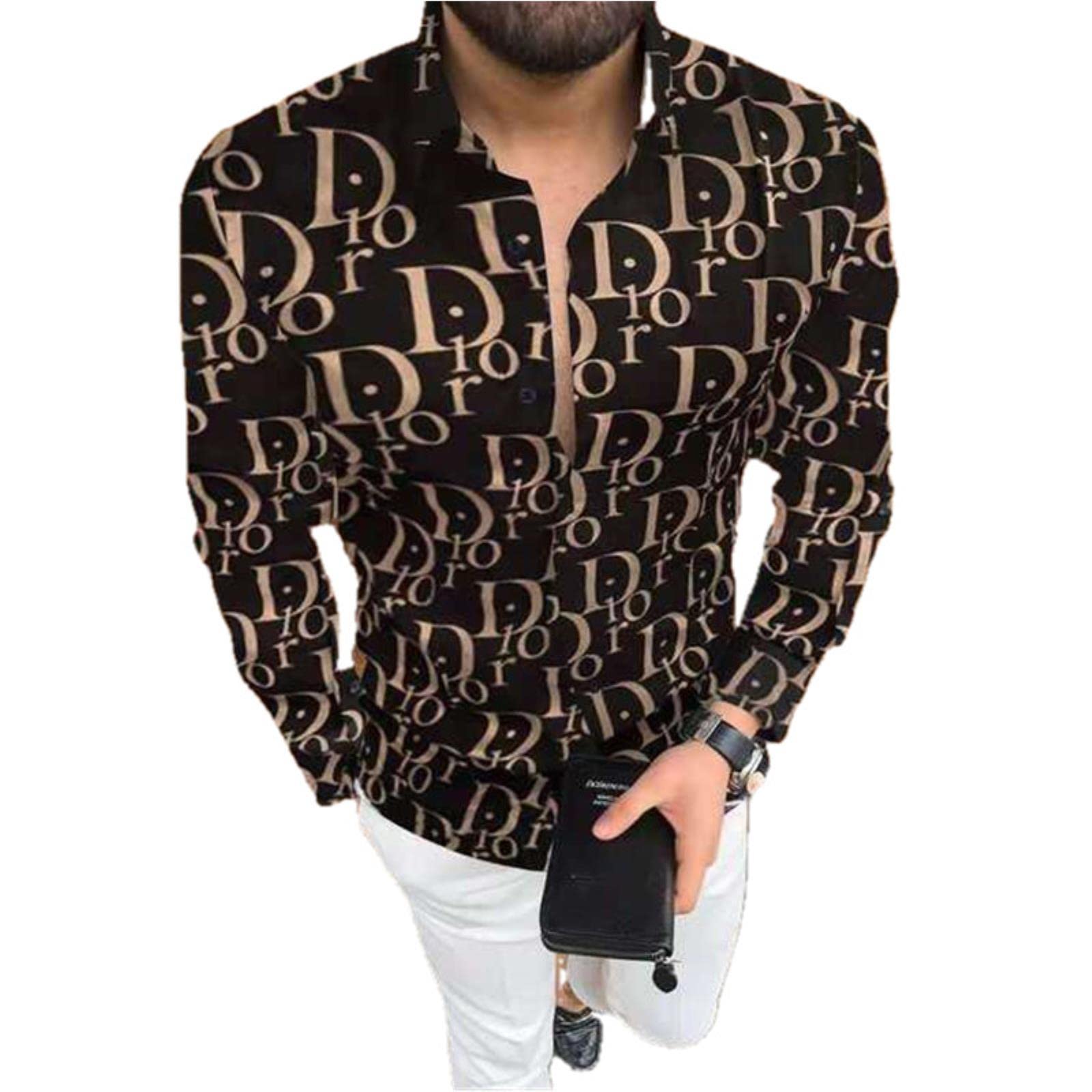 XKUNshort sleeve Spring Summer Mens Shirt Casual Printing Letter Clothes Slim Short Sleeve Long Sleeve