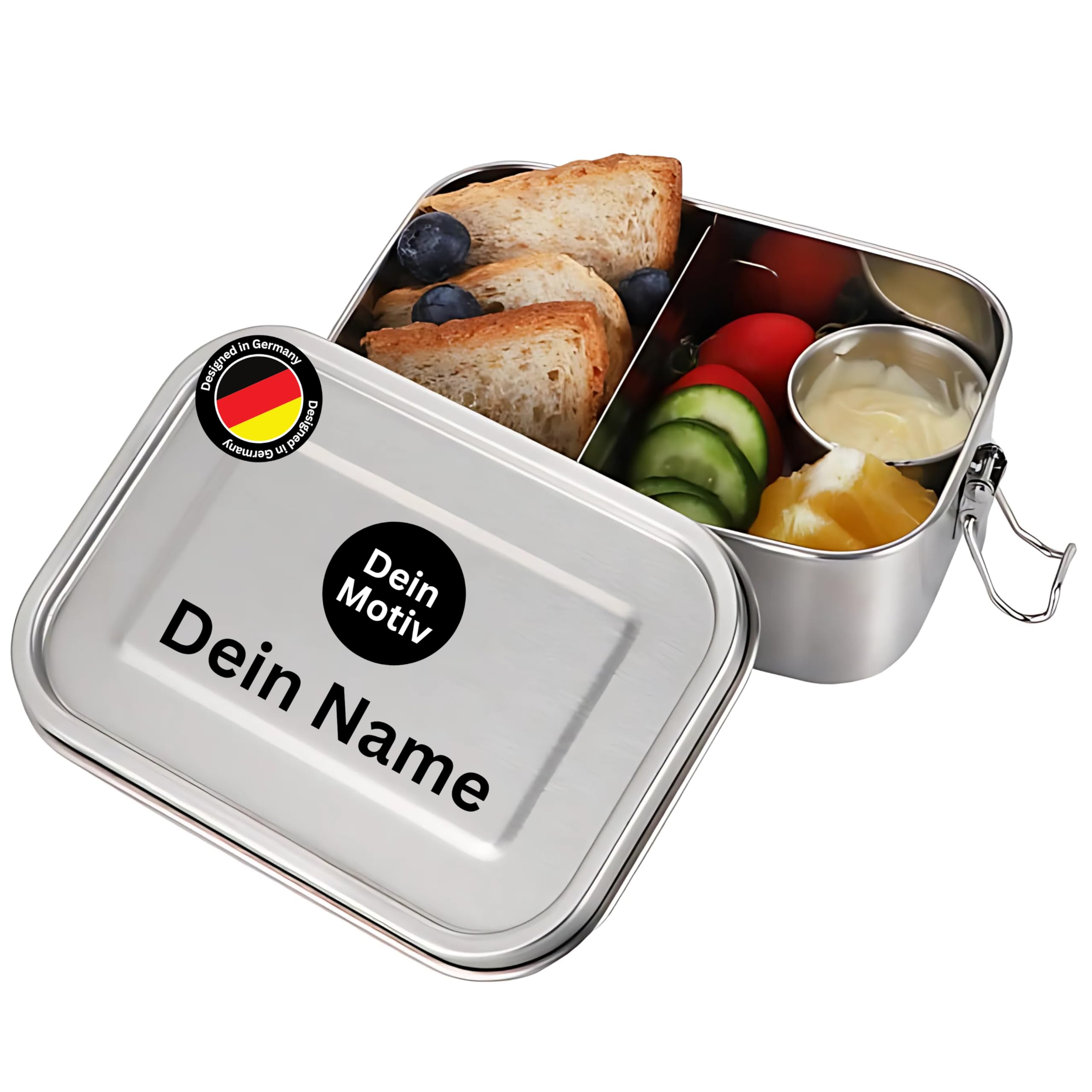 Personalisierte Lunchbox aus Edelstahl mit Namen,Text und Motiv gelasert – über 100 verschiedene Motive – inkl. Abtrennung, Auslaufsicher, Brotdose – Geschenkidee Kinder (1400ml)