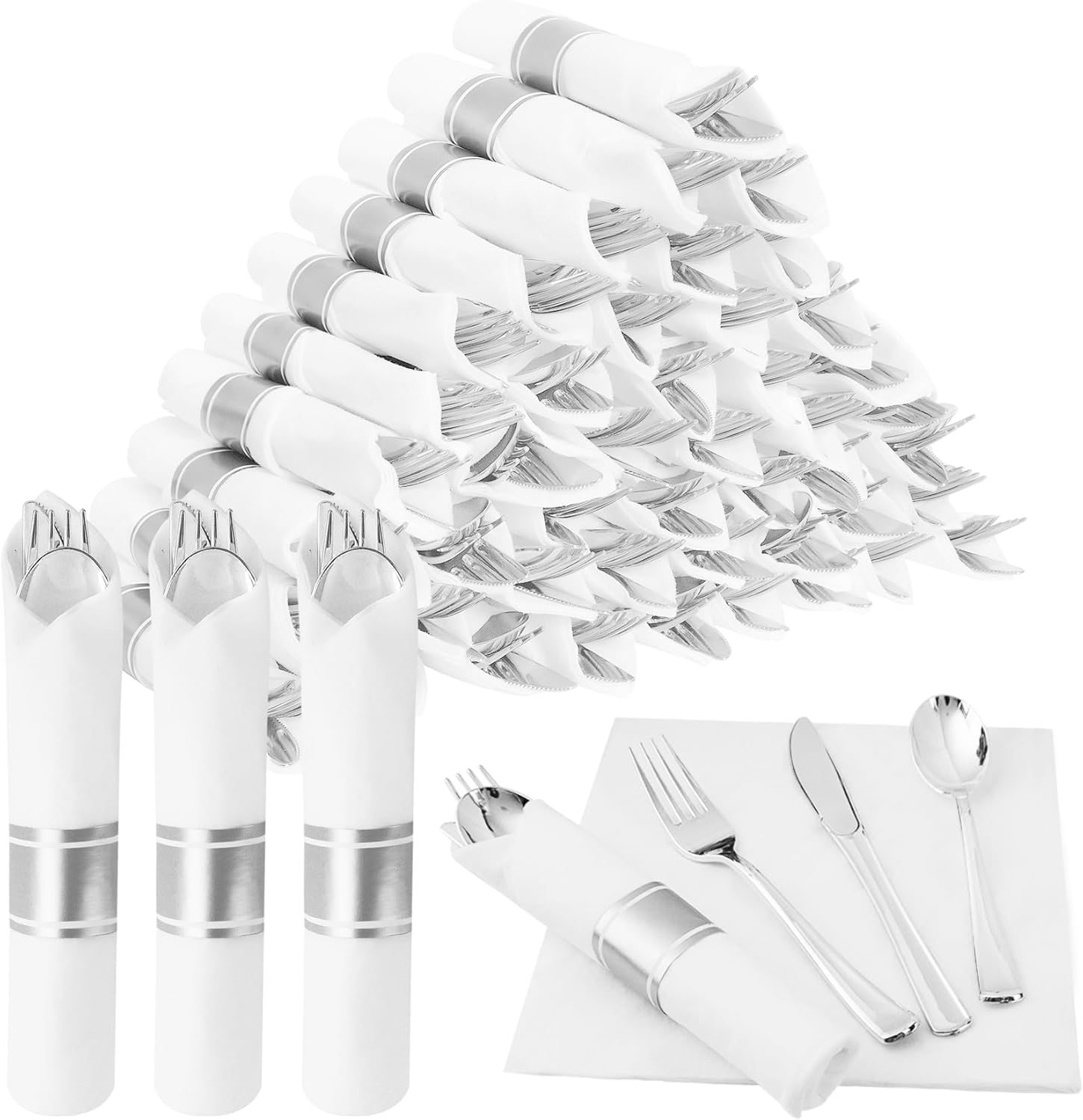 50 Pack Pre Rolled Silver Plastic Cutlery Set: Heavy-Duty Forks, Spoons, Knives & Napkins for Parties & Weddings 50 Pack Pre Rolled Silver Plastic Cutlery Set: Heavy-Duty Forks, Spoons, Knives & Napkins for Parties & Weddings