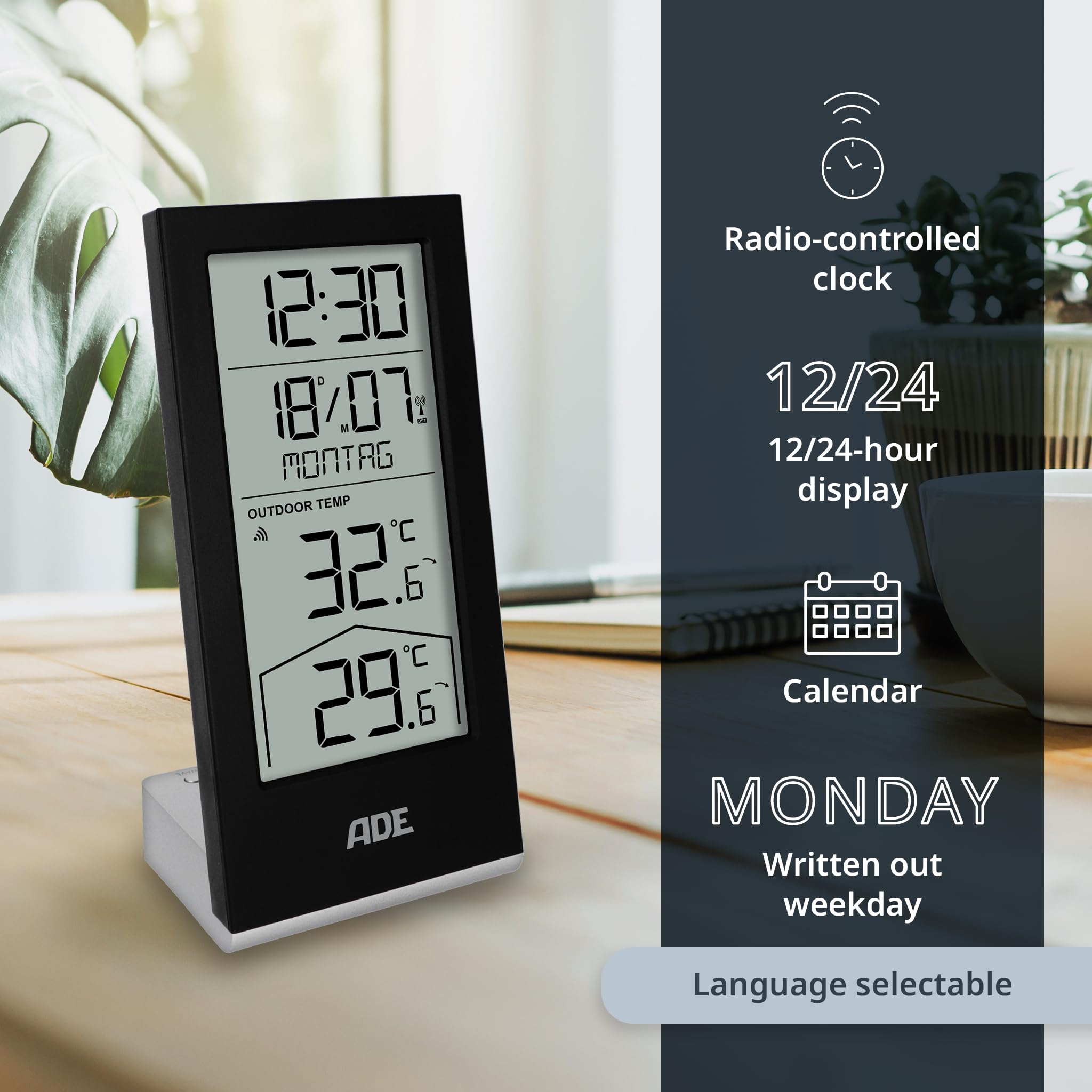 ADE Cyfrowa stacja pogodowa z czujnikiem zewnętrznym, termometr do temperatury wewnątrz i na zewnątrz, zegar radiowy i kalendarz z datą tygodnia, baterie w zestawie, kolor czarny