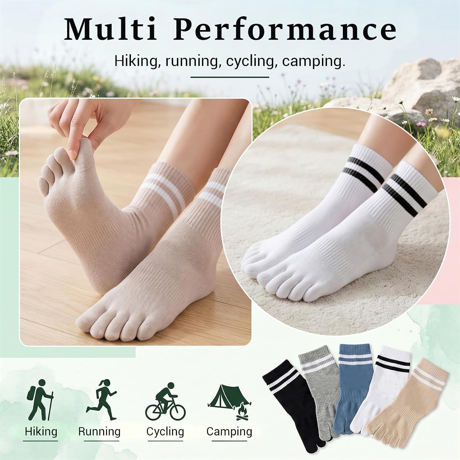 5 Pairs Women Toe Socks, Comfort Cotton Socks with Five Toes Separated for Running Hiking